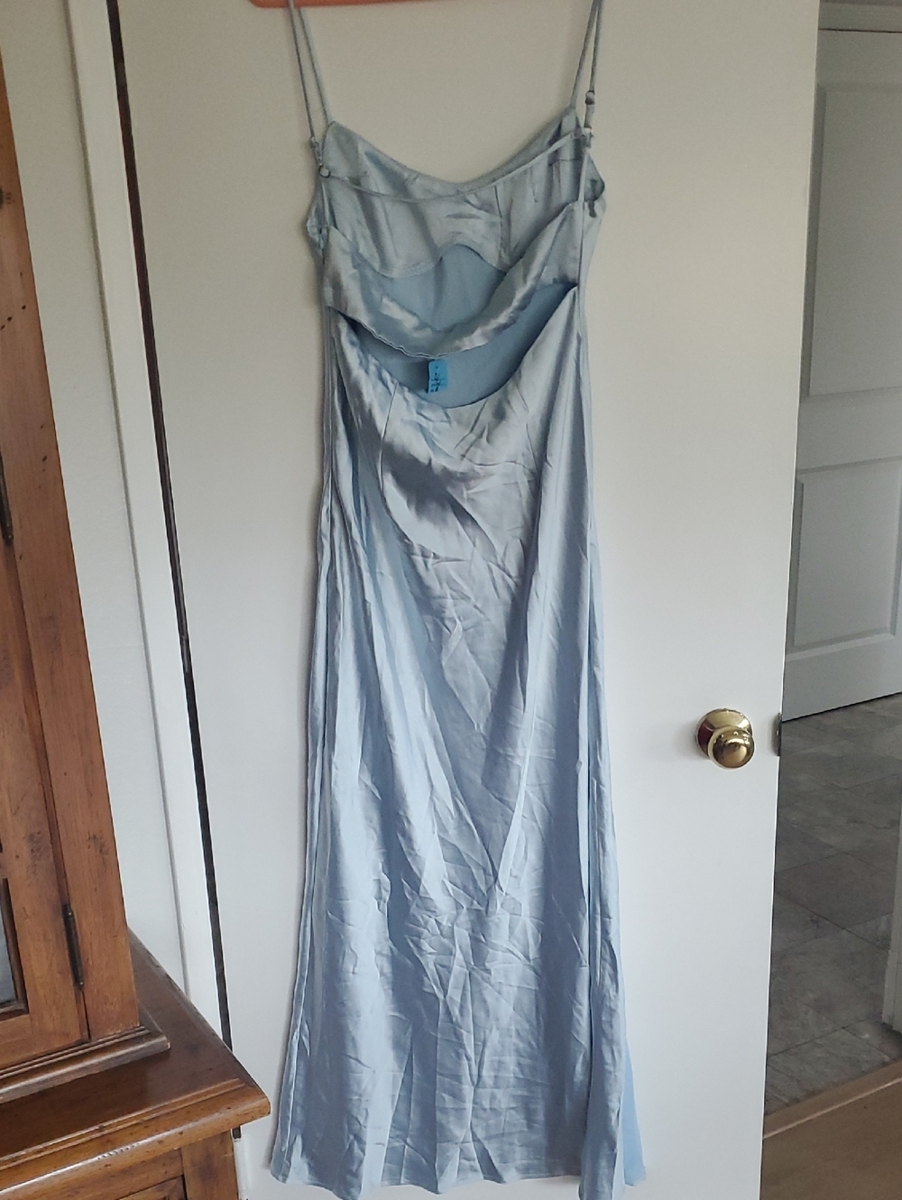 Princess Polly Light Blue Satin Maxi Slip Dress with Thigh Slit Size 6 - Picture 3 of 7